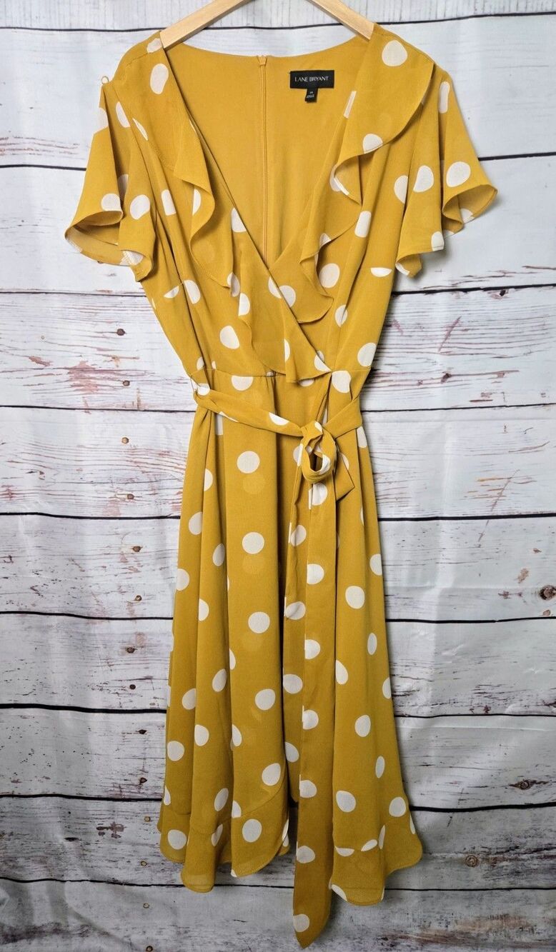 Lane Bryant Womens Dress Size 18 Yellow White Polka Dot Rifle Wrap Midi